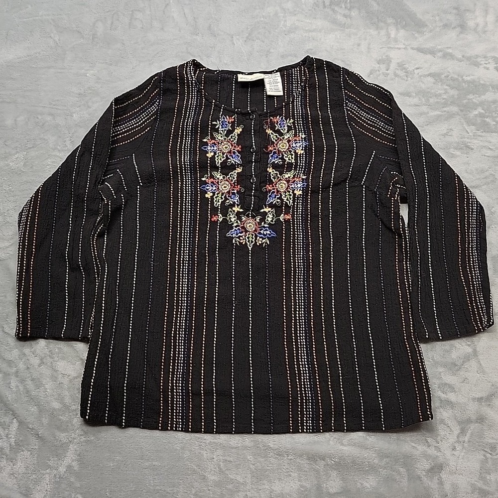 Vintage White Stag Shirt Womens 18W/20W Black Embroidered Henley Boho Peasant